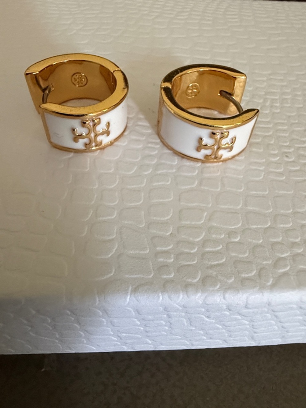 Tory Burch Gold and White Enamel Hoop Earrings with Cross Accent